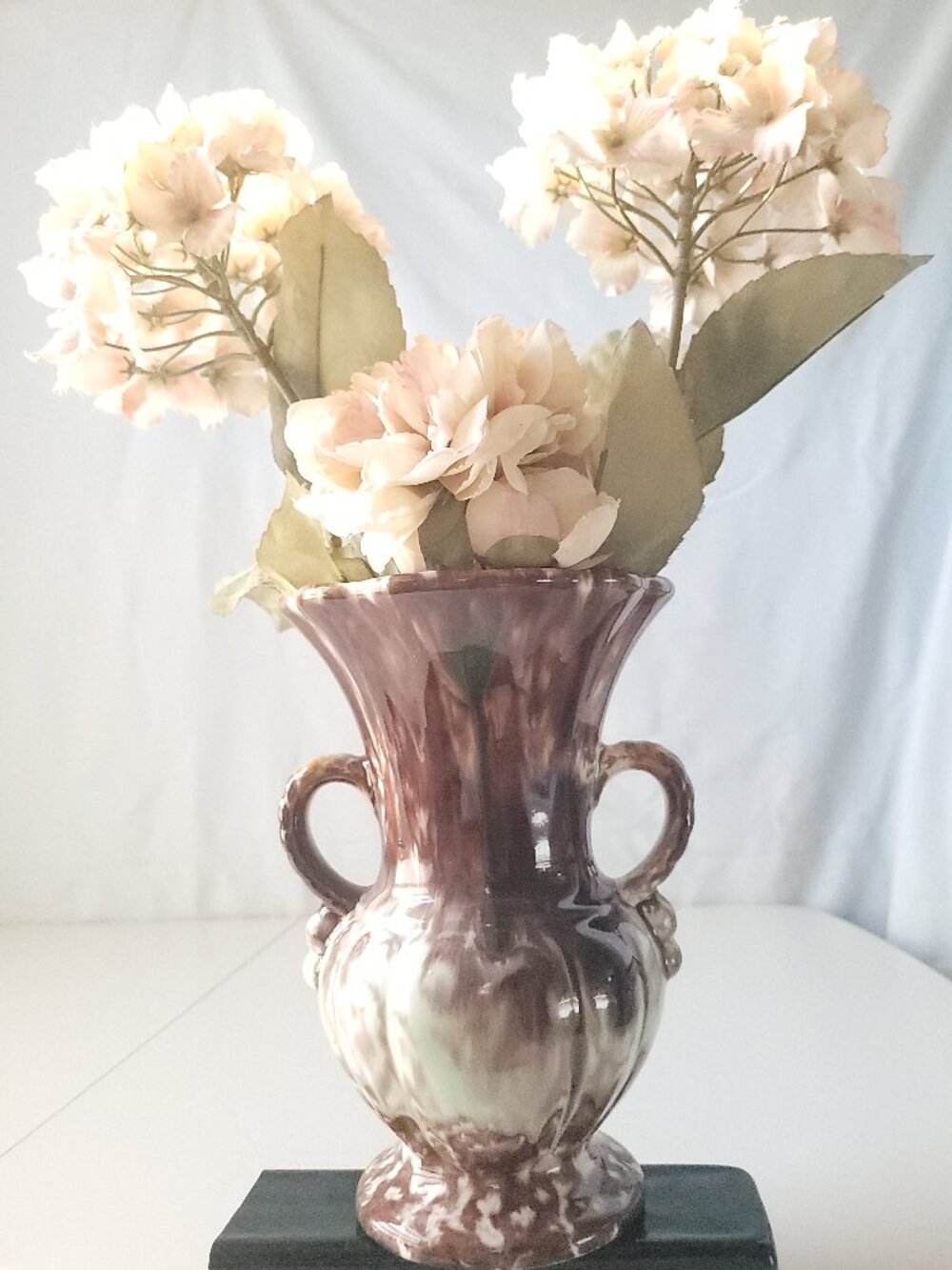 1970 Double Handled Drip Glaze Ceramic Urn Vase Floral Arrangement